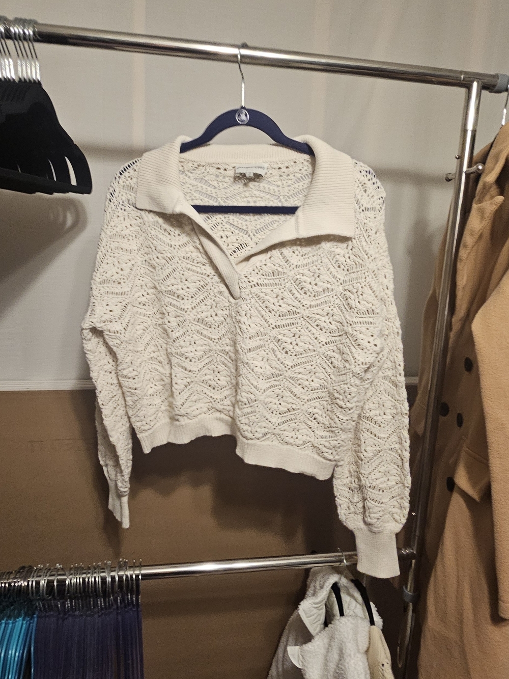 Freshman Cream Openwork Knit Collared Pullover